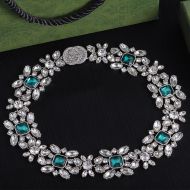 Gucci Flower Crystal Necklace In Silver/Green