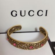 Gucci Interlocking G Crystal Flower Carve Bracelet In Gold/Red