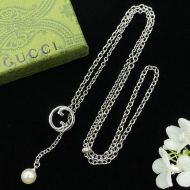 Gucci Interlocking G Pearl Drop Necklace In Silver