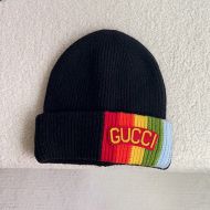 Gucci Knit Hat with Logo Rainbow Patch Wool Black