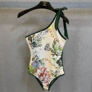 Gucci One Shoulder Swimsuit with GG Chain Women Floral Butterfly Lycra Beige/Green