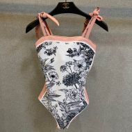 Gucci Reversible Tie Shoulder Swimsuit with Floral Women Lycra White/Pink