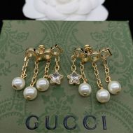Gucci Script Crystal Star Glass Pearl Earrings In Gold